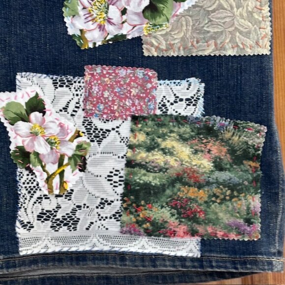 Talbots Denim Skirt Sz 18W Patchwork embellished handsewn Boho style Hippie Gal - Picture 2 of 10